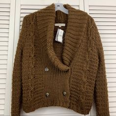 - New With Tags! - Brown Color - Thick And Warm - Shawl Collar - Button Closure - Not Itchy - Hits A Little Above The Waist - 72% Acrylic, 17% Wool, And 11% Alpaca Bundles Are Welcomed Cozy Cardigan With Buttons For Cold Weather, Cozy Button Sweater For Fall, Cozy Buttoned Sweater For Cold Weather, Cozy Sweater With Button Closure For Cold Weather, Knit Sweater With Button Closure For Cold Weather, Winter Cable Knit Button-up Sweater, Cable Knit Button-up Workwear Sweater, Button-up Cable Knit Sweater For Work, Fitted Cable Knit Button-up Sweater