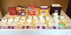 the table is set up with bags, candles and candy for birthdays or other special occasion