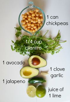 avocado, chickpeas, and cilantro are arranged on a table