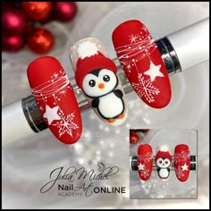 Julia Michel on Instagram: “❄️❄️❄️#instanails #nailsofinstagram #nails #frenchnails #aquarell #cute #beautiful #маникюр #nailart #gold #nägel #design #acrylicpainting…” Christmas Nail Drawing, Christmas Nail Art Designs Penguin, Winter Nailart Xmas, Christmas Nails Penguin Winter, Cute Holiday Nails Acrylic, Nail Art Winter 2022, Cateye Nailart Christmas, Penguin Nails Designs, Christmas And Winter Nails