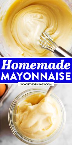 homemade mayonnaise in a glass jar with a whisk on the side