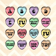 heart shaped stickers with the letter f in different colors and font on each one