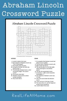 the abraham lincoln crossword puzzle is shown in black and white, with blue background