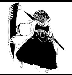 a black and white drawing of a woman holding a hairbrush with an arrow in her hand