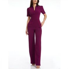 Dress The Population Gloria Collared Zip Neck Short Sleeve Wide Leg Jumpsuit From Dress The Population, This Jumpsuit Features: Stretch Crepe Fabrication Wide Leg Silhouette Collared Zip Neckline Short Cap Sleeves Front Zip Closure Approx. 62.5" Length Polyester/Spandex Machine Wash/Line Dry Imported. Approx Measurements Pit To Pit 20" Length62.5 New To Poshmark Sign Up With My Code Nandolov And Save $10 On Your First Order. Mock Interview, Interview Fits, From Dress, Dress The Population, Stretch Crepe, Wide Leg Jumpsuit, Red Purple, Polyester Spandex, Jumpsuit Dress