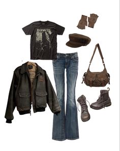 Aesthetic Outfits Vintage Grunge, David Bowie T Shirt Outfit, 90s Clothing Style Grunge, Bowie Shirt Outfit, 90s Rock Fashion 1990s, 2k Grunge Outfits, David Bowie Style Outfit, How To Style Grunge Outfit Ideas, Cute Winter Outfits Grunge