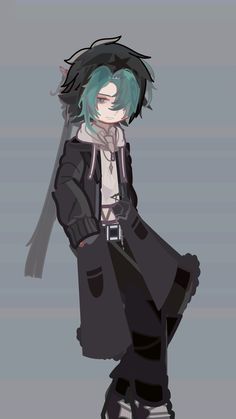 an anime character with blue hair and black clothes, standing in front of a gray background