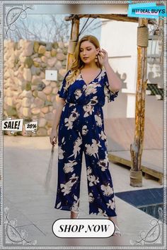 Wrap Floral Print Jumpsuit Elegant Floral Print Jumpsuits And Rompers With Short Sleeves, Elegant Floral Print Jumpsuit With Short Sleeves, Plus Size Boho, Boho Jumpsuit, Floral Print Jumpsuit, Print Jumpsuit, Jumpsuits And Romper, Jumpsuit Fashion, Women's Style