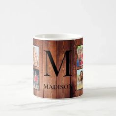 a coffee mug with the letter m in multiple photos on it's front and sides