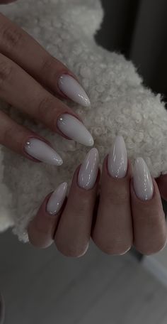 Nail Designs Almond Shape Ideas Classy, White On White Almond Nails, Basic Nail Ideas Almond, Almond Sharp Nails, Elegant White Nails Classy, Nail Designs Milky White, Almond Elegant Nails, Milky Nails Almond, Off White Almond Nails