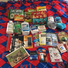 the contents of a travel bag laid out on top of a bed with blue and red checkered blanket