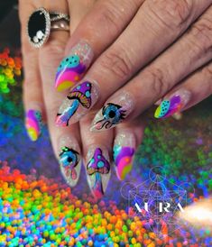 Mexican Nails, Freestyle Nails, Trippy Mushroom, Fab Nails, Eye Nail Art, Funky Nail Art