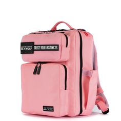 a pink backpack with the words trust your instructs written on it and black straps