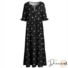 Fall Winter New Women Short Sleeve Boho Dress Vintage Loose Polka Dot Print V-Neck Long Dress Casual Harajuku Party Dress Mujer Casual Polka Dot V-neck Dress, Casual V-neck Polka Dot Dress, Casual Polka Dot V-neck Midi Dress, Polka Dot V-neck Midi Dress For Vacation, Polka Dot V-neck Midi Dress For Beach, Casual Harajuku, Vintage Boho Dress, Long Dress Casual, Polka Dot Print