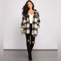 Windsor Plaid Shacket / Jacket Size : S Nwt Plaid- Black, Tan & Cream Tie Belt Shacket Outfit, Flannel Shacket, Woven Jacket, Flannel Jacket, Cozy Vibes, Pink Blush Maternity, Plaid Print, Black Skinnies, Plaid Flannel