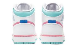 Nike Air Jordan 1 Mid GS Digital Pink dressed in a white, digital pink, aurora green and soar color scheme. This grade school edition of the mid-top Air Jordan 1 features a teal leather base with white overlays and pink contrasting accents throughout. Speckled laces with hits of blue on the tongue, wings logo and heel completes the design. School Edition, Pink Aurora, Air Jordan 1 Mid Gs, Vapour Max Nike, Air Jordans Women, Nike Sacai, Low Air Jordan 1, Nike Air Jordan 1 Mid, Teal Leather