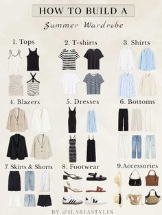 capsule wardrobe, summer capsule wardrobe, summer wardrobe, summer closet, summer fashion, tank top, black top, white top, striped t-shirt, black t-shirt, white t-shirt, white shirt, striped t-shirt, striped shirt, white shirt, striped shirt, linen shirt, white blazer, beige blazer, linen blazer, midi dress, maxi dress, black dress, black pants, white pants, linen pants, white jeans, blue jeans, ripped jeans, denim skirt, midi skirt, white shorts, denim shorts, style inspo, women fashion Capsule Wardrobe Essentials, Trip Essentials