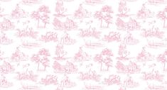 a pink and white wallpaper pattern with trees, animals and people on it's sides