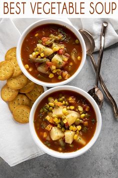 two bowls of vegetable soup with crackers on the side and text overlay that reads, best vegetable soup