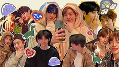 collage of people with cell phones and stickers on their faces, including one man wearing a hoodie