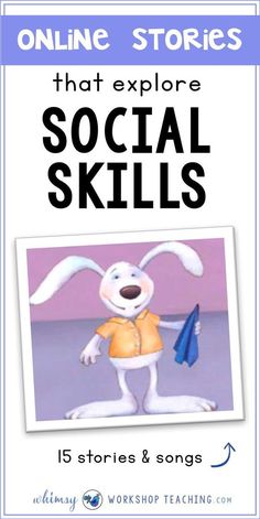 an advertisement for the social skills course with a cartoon bunny holding a blue hat and umbrella