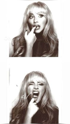 two pictures of a woman with long hair brushing her teeth and making a funny face