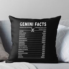 a black and white throw pillow with the words gemini fact on it's side