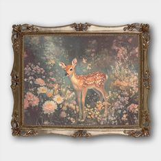 a painting of a deer in a field of flowers