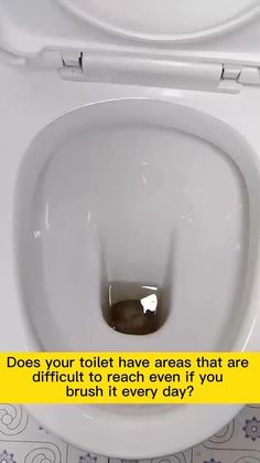 a white toilet with the seat up and an open lid that says does your toilet have areas that are difficult to reach even if you brush it every day?