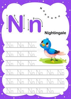 the letter n is for nightnigale handwriting practice with bird and stars on purple background