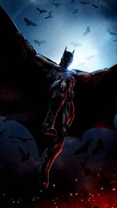 the dark knight is flying through the night sky with his bat on it's back