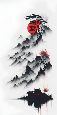 an artistic painting with mountains and red sun