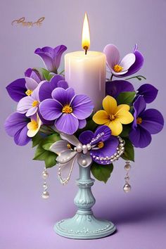 a bouquet of flowers with a lit candle in the middle on a purple background, surrounded by pearls and beads