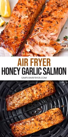 air fryer honey garlic salmon on the grill with lemon wedges