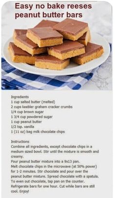 a recipe for peanut butter bars on a plate