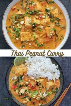 two pictures with different types of food in them and the words thai peanut curry on top