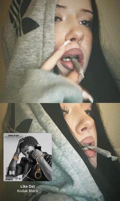 a woman brushing her teeth while wearing a hoodie