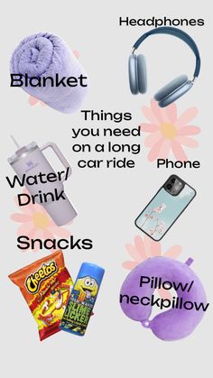 an info sheet with various items that include headphones, water bottle, phone and snacks