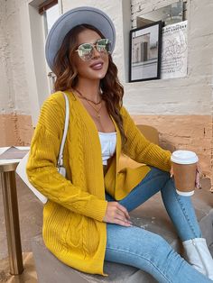 Yellow Casual  Long Sleeve Acrylic Plain Cardigan Embellished Slight Stretch Spring,Fall/Winter Women Knitwear Jean Trousers, Plain Cardigan, Drop Shoulder Cardigan, Performance Outfits, Cardigan Casual, Knitting Women Cardigan, Sweater Coat, Cable Knit Cardigan, Cardigan Fashion