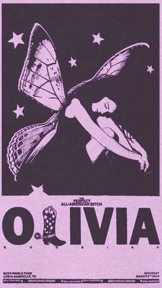 an old concert poster with a woman holding a butterfly on it's back, and stars in the background