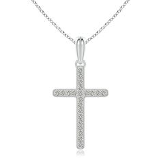 Dangling from a glossy bale, this diamond Latin cross pendant looks splendid in platinum. It is encrusted with shimmering diamonds in a pava setting. The milgrain detailing on the edges and the bale enhance the beauty of this cross pendant. Classic Diamond Cross Necklace For Formal Occasions, Formal Diamond White Cross Diamond Necklace, White Gold Diamond Cross Pendant Necklace, Formal Diamond Cross Necklace With Brilliant Cut, Classic Diamond White Cross Necklace, Classic Diamond White Diamond Cross Necklace, White Gold Diamond Cross Pendant Necklace With Pavé Setting, Anniversary Diamond Cross Pendant Necklace With Pave Setting, Classic Diamond Cross Necklace In Diamond White