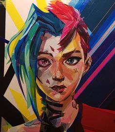 a painting of a woman with colorful hair and piercings on her ears, wearing a black shirt