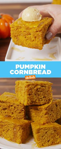 pumpkin cornbread bars stacked on top of each other