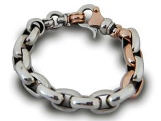 "Unique Large Sterling Silver Link Chain Bracelet, Chunky Silver Chain Bracelet, Unique Artisan Silver Bracelet, Sterling Silver and Gold Chain Bracelet, Statement Jewelry for Men and Women. A unique statement piece of designed jewelry art with a high-end finish artisan work. This complex artisan craftmanship work features unique sterling silver and 9K rose gold link chain bracelet for both women and men. A handmade hook clasp of 9K rose gold and silver is attached to a 9K rose gold designed ele Guys Jewelry, Bracelet Lock, Leather Silver Bracelet, Chunky Silver Bracelet, Links Bracelet, Homemade Bracelets, Bracelet Inspiration, Mens Chain Bracelet, Silver Link Bracelet