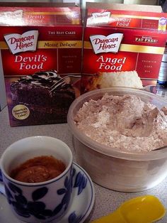 two boxes of devil's food next to a bowl of cake mix