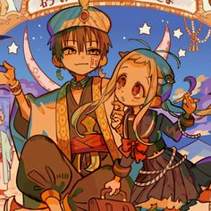 two anime characters sitting next to each other in front of a banner with stars and crescents on it