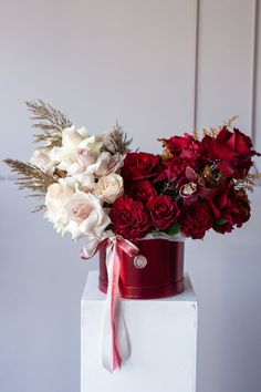 Flowers For Any Occasion in NYC_ Order online and get same-day delivered to New York Brooklyn Staten Island Queens Astoria Williamsburg Long Island City Elegant floral arrangement with red and white roses in a decorative red box on white pedestal. | Sky Rye Design Valentines Bouquets Ideas, Rectangle Flower Arrangement, Spring Arrangements Floral, Valentine’s Day Bouquet, Monochromatic Bouquet, Valentines Day Floral Arrangements, Bouquets Aesthetic, Red Floral Arrangements, Valentines Arrangements