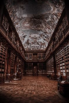 an empty library with many bookshelves filled with books and paintings on the ceiling