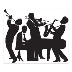 a black and white silhouette of people playing instruments