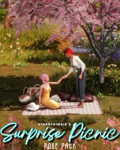 an animated image of two people sitting on a blanket in front of a flowering tree